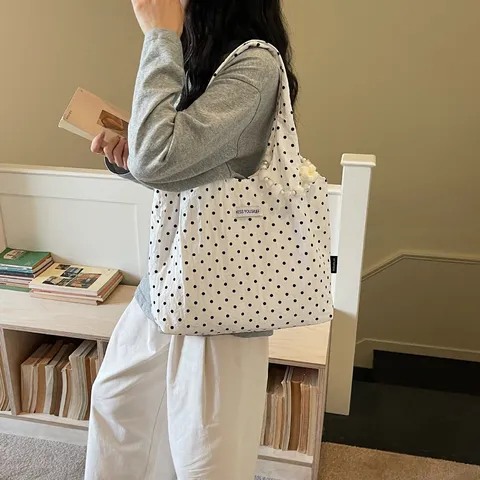 Sweet Polka Dot Canvas Shoulder Bag Cute Pearl Pendant Tote Bag Casual Daily Shopping Underarm Bag For Women