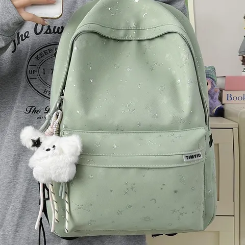 American College Style Star Print Nylon Backpack Student Casual School Bookbag Daily Daypack With Rabbit Pendant