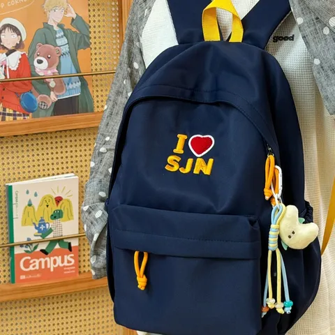 American Campus Style Casual Student Backpack Waterproof Nylon School Bookbag With Cute Embroidery And Pendant