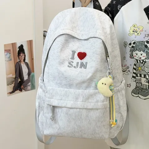 American Campus Style Casual Student Backpack Waterproof Nylon School Bookbag With Cute Embroidery And Pendant