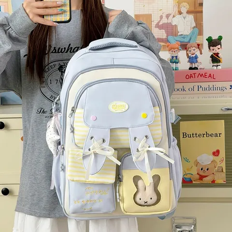 College Style Cute Rabbit Ear School Bag Nylon Casual Backpack With Ribbon And Transparent Pocket For Girls