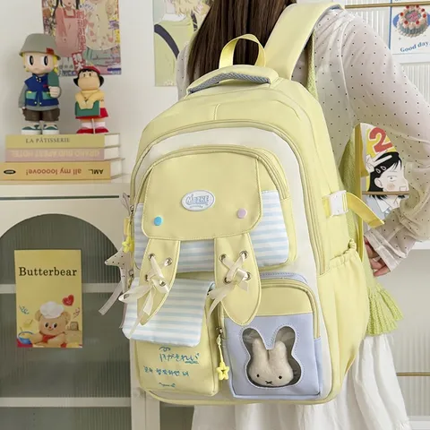 College Style Cute Rabbit Ear School Bag Nylon Casual Backpack With Ribbon And Transparent Pocket For Girls