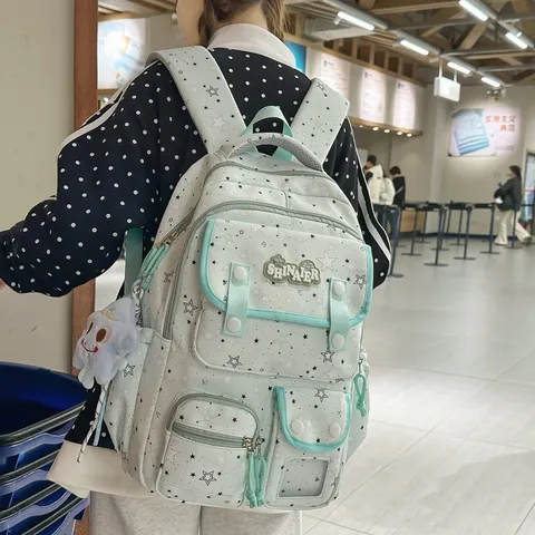 Casual Nylon Starry Sky Backpack Student School Bag Lightweight Travel Daypack With Multiple Pockets And Cute Pendant