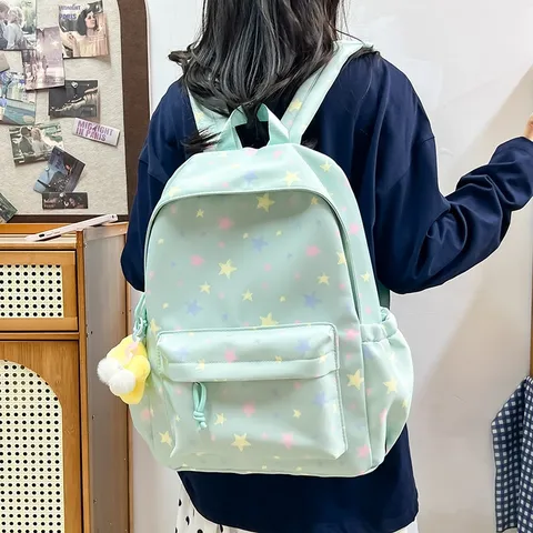 Women Casual Nylon Backpack Multi Compartment School Bookbag Cute Star Print Student Commuter Daypack