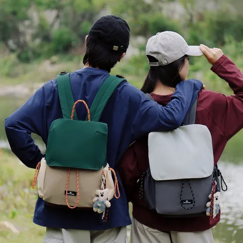 Casual Nylon Colorblock Backpack Outdoor Hiking Travel Daypack With Cute Bear Pendant For Men Women