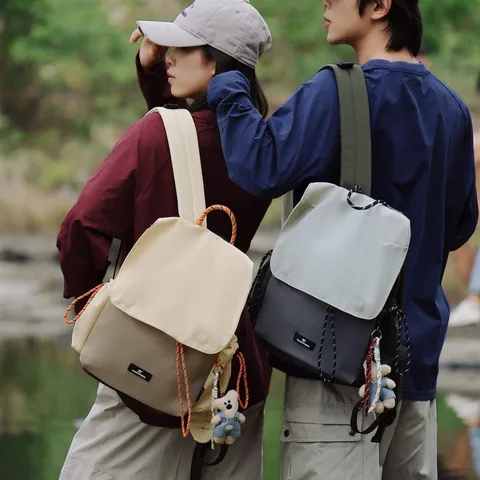 Casual Nylon Colorblock Backpack Outdoor Hiking Travel Daypack With Cute Bear Pendant For Men Women