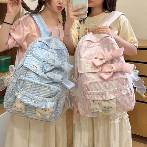 Fresh Pastoral Plaid School Backpack For Women Cute Bowknot Casual Travel Daypack Lightweight Nylon Student Bookbag