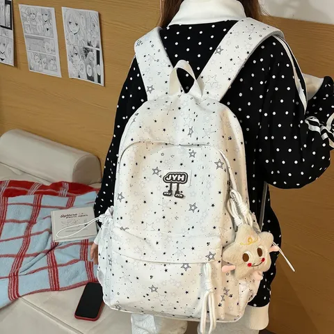 Women Casual Nylon Backpack Star Print School Bag Multi Compartment Student Daypack Travel Bookbag Fashion Daypack