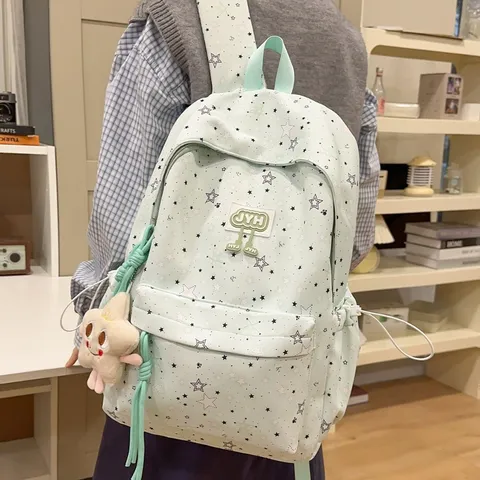 Women Casual Nylon Backpack Star Print School Bag Multi Compartment Student Daypack Travel Bookbag Fashion Daypack