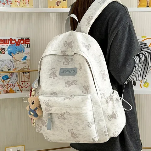 Unisex Large Capacity Nylon Casual Backpack Cute Bear Tie Dye School Bag Fashion Commuter Travel Bag With Pendant