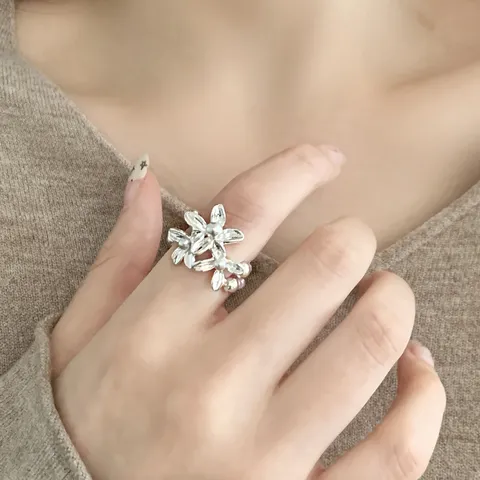 Elegant Copper Lily Flower Open Ring For Women Luxurious Double Layer Floral Design Artificial Pearl Finger Ring Gift Boutique Fashion Jewelry