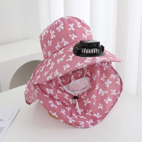 Chapeau de Soleil Extérieur pour Femmes Polyester Réglable Large Bord Nœud Casquette Avec Mini Ventilateur Électrique Solaire pour Voyage Pêche