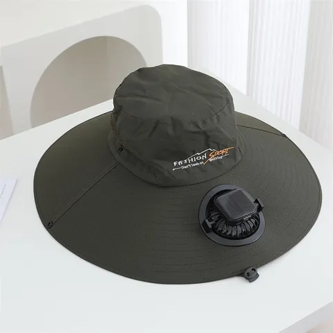 Chapeau de Soleil Unisexe à Large Bord Avec Ventilateur Solaire Brodé en Poliestere pour Pêche Plein Air Bob Réglable Été