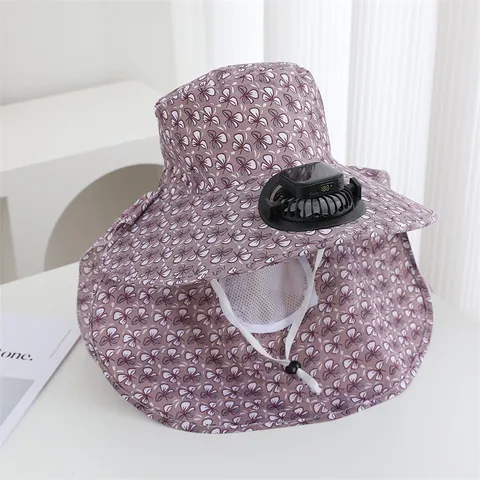Chapeau de Soleil avec Ventilateur Solaire Femme Large Bord Protection Cou Mesh Respirant Polyester Imprimé Floral pour Jardinage Pêche Voyage