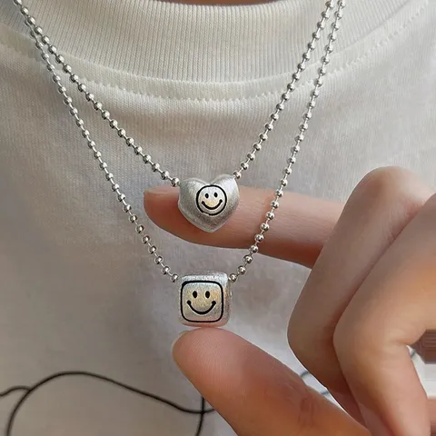 Korean Sweet Geometric Heart Smile Face Choker Necklace For Women Brushed Matte Silver Alloy Bead Chain Open Adjustable Ring Set Delicate Clavicle Chain Jewelry Gift