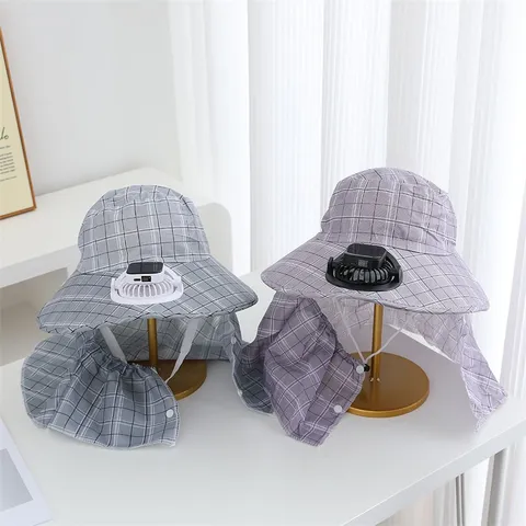 Women Wide Brim Plaid Sun Hat With Neck Flap Casual Polyester Shading Breathable Fisherman Hat For Outdoor Beach Fishing Garden