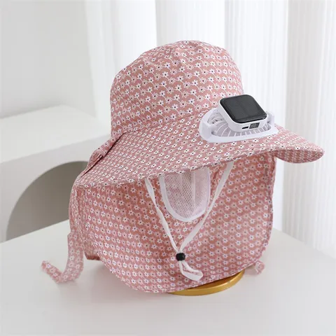 Chapeau de Soleil Femme Avec Protège-Cou Masque Extérieur Réglable Large Bord Ventilateur de Refroidissement pour Randonnée Pêche