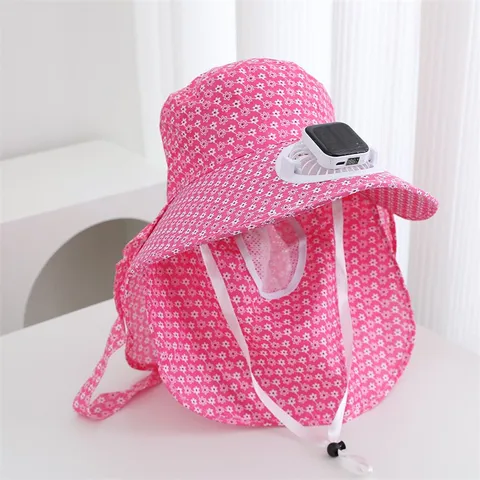 Chapeau de Soleil Femme Avec Protège-Cou Masque Extérieur Réglable Large Bord Ventilateur de Refroidissement pour Randonnée Pêche
