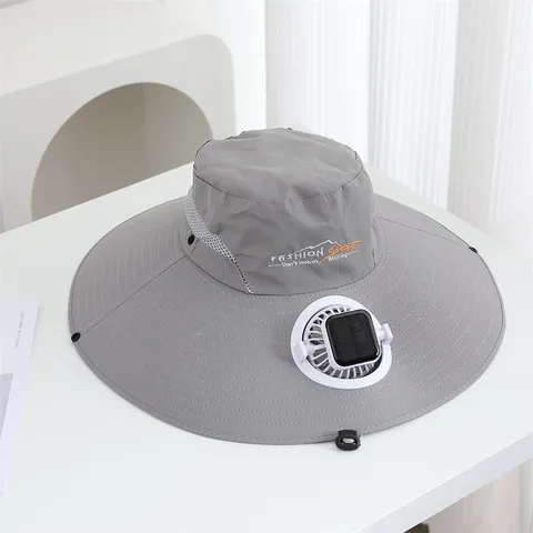 Chapeau de Soleil Unisexe à Large Bord Avec Ventilateur Solaire Brodé en Poliestere pour Pêche Plein Air Bob Réglable Été