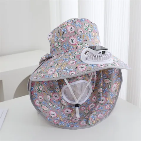 Chapeau de Soleil en Poliestere Tissé pour Femmes Motif Floral Grand Bord Chapeau À Ventilateur Solaire Masque De Protection Cou Et Visage Respirant Casquette D'Extérieur D'Été