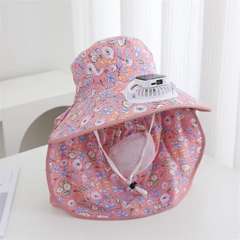 Chapeau de Soleil en Poliestere Tissé pour Femmes Motif Floral Grand Bord Chapeau À Ventilateur Solaire Masque De Protection Cou Et Visage Respirant Casquette D'Extérieur D'Été