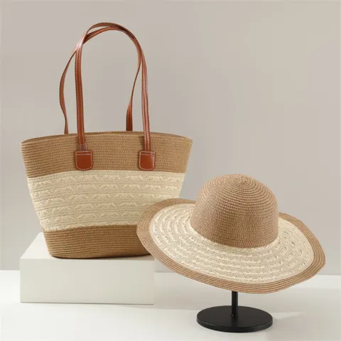 Mujeres Verano Playa Paja Tote Bolso Y Sombrero de Sol Conjunto Moda Tejido Rayado Casual Gran Capacidad Bolso de Mano