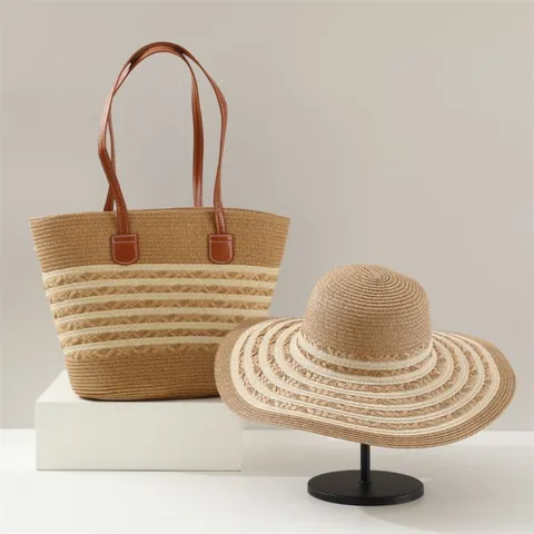 Mujeres Verano Playa Paja Tote Bolso Y Sombrero de Sol Conjunto Moda Tejido Rayado Casual Gran Capacidad Bolso de Mano
