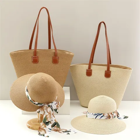 Conjunto de Bolso Tote y Sombrero de Paja Tejida de Verano Bolso de Hombro de Playa de Gran Capacidad con Pañuelo Mujer Viaje Vacaciones