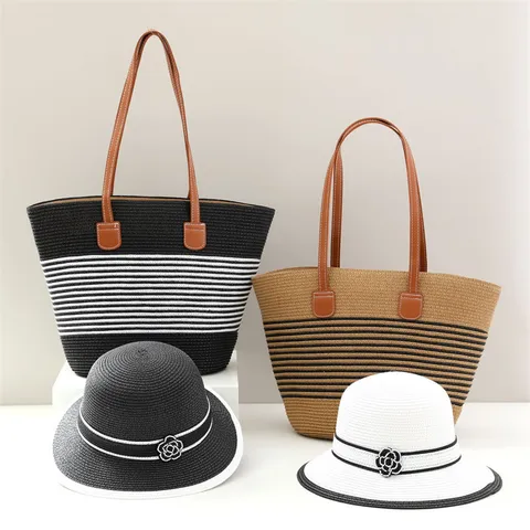 Women Straw Sun Hat Woven Tote Bag Set Summer Beach Casual Floral Decorated Hat Bag Fashion Vacation Accessories