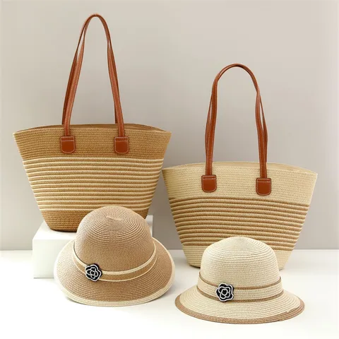 Women Straw Sun Hat Woven Tote Bag Set Summer Beach Casual Floral Decorated Hat Bag Fashion Vacation Accessories