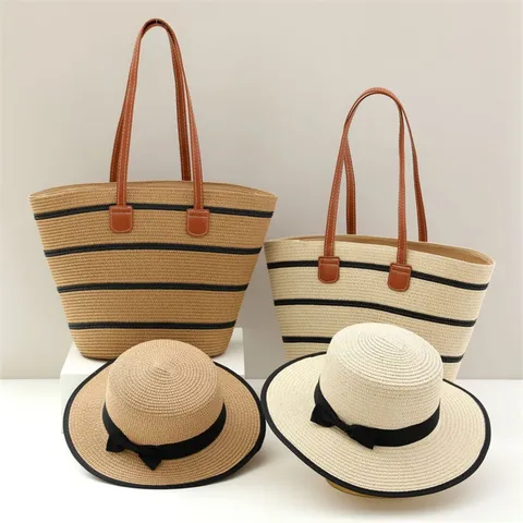 Ensemble Chapeau de Soleil en Paille et Sac Cabas Été Vacances à la Plage Chapeau à Bords Larges Nœud Papillon Sac Bandoulière Tissé