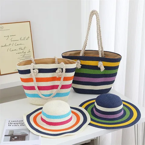 Femme Chapeau de Paille Grand Bord Pliable Rayé Pare soleil Chapeau Tressé Sac Cabas Ensemble Été Plage Plein air Vacances Mode Chapeau Paille Sac Cabas Pour Dames