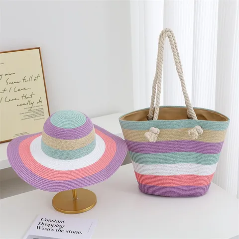 Femme Chapeau de Paille Grand Bord Pliable Rayé Pare soleil Chapeau Tressé Sac Cabas Ensemble Été Plage Plein air Vacances Mode Chapeau Paille Sac Cabas Pour Dames