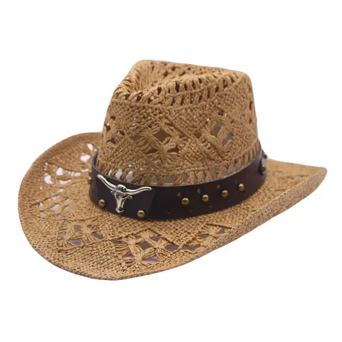 Hand Woven Hollow Out Straw Cowboy Hat For Women Men Sun Protection Wide Brim Beach Fedora Hat With Bull Head Leather Band Turquoise Decor