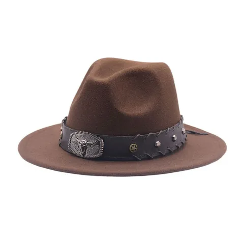 Chapeau de Cowboy Occidental en Polyester Chapeau Fedora Avec Ornement Tête de Taureau Ceinture en Cuir Rivets en Étoile Ethnique Décontracté Chapeau à Bord Plat pour Hommes Femmes Voyage Fête