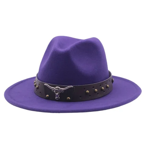 Chapeau Fedora en Polyestère de Style Occidental Rétro Ethnique Bande Rivets Tête de Taureau Large Bord Chapeau de Jazz Homme Femme Voyage