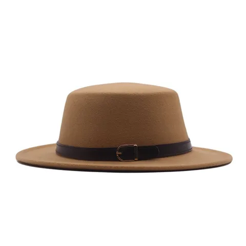 Mode Lässig Einfarbig Wollstoff Baumwollmischung Flache Krone Breite Krempe Fedora Jazz Hut Mit Ledergürtelschnalle Für Herbst Winter Outdoor Erwachsene Herren Damen