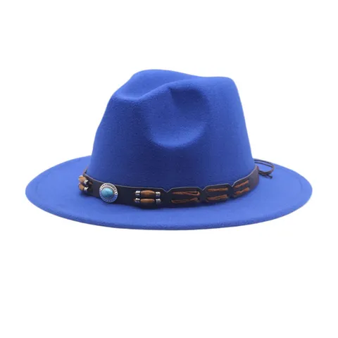 Cappello Fedora Unisex in Poliestere Stile Occidentale Vintage a Tesa Larga Panama Jazz Con Cinturino in Pelle Turchese Retrò