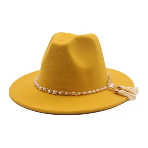 Eleganter Polyester Fedora Hut Mit Breiter Krempe Kette Künstliche Perlen Quaste Mode Jazz Hut Geschenk Für Unisex