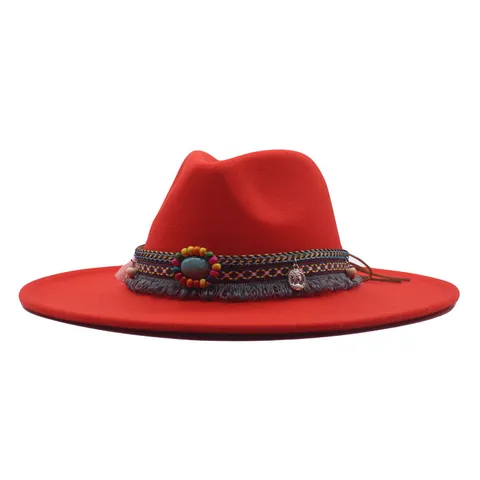 Chapeau Fedora en Laine Style Ethnique Vintage Pour Femmes Large Bord Rétro Jazz Hat Avec Bande Tissée De Perles Déco