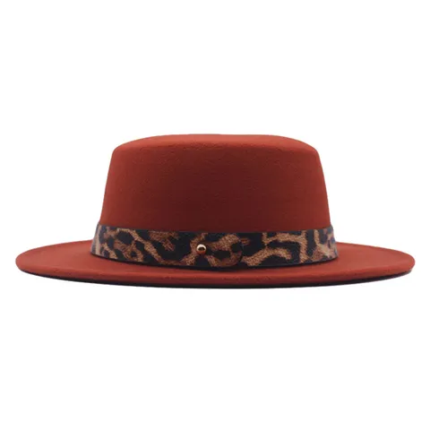 Sombrero de Fieltro Mujer Vintage Parte Superior Plana Hebilla Cinturón Leopardo Mezcla Algodón Gorra Jazz Otoño Invierno Estilo Británico