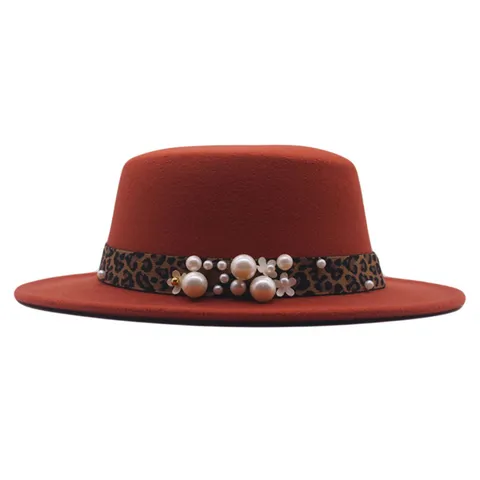 Retro Británico Sombrero Fedora de Poliéster Copa Plana Ala Plana Sombrero de Jazz para Hombres Mujeres Cinta de Leopardo Perlas Artificiales Flor Decoración Otoño Invierno Al Aire Libre Casual Sombrero de Sol