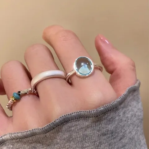 Süßer Blauer Ovaler Stein Matte Glatte Ring Und Farbige Perle Stapel Offener Ring Modeschmuck Kupfer Fingerring Für Damen