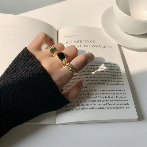Bague Ouverte Géométrique à Rayures Vintage Français Élégante Bague Carrée en Cuivre Plaqué Or Émail Pour Femmes Bijoux
