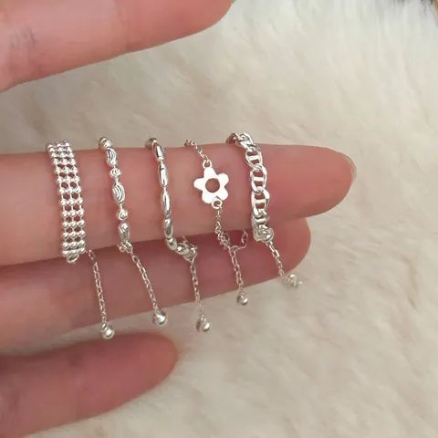 Minimalist Silver Plated Copper Chain Ring For Women Geometric Adjustable Drawstring Tassel Flower Heart Artificial Pearl Rhinestone Stacking Ring Fashion Jewelry