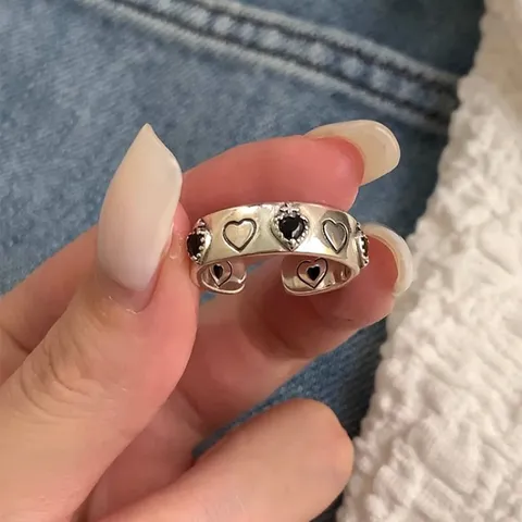 Fashion Copper Silver Plated Heart Adjustable Open Ring For Women Simple Black Heart Rhinestone Jewelry Finger Ring Gift