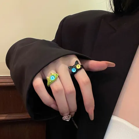 Cute Cartoon Cat And Monster Open Ring Silver Plated Copper Adjustable Fashion Finger Jewelry Gift For Women