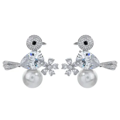 Elegant Zirconia Bird Drop Earrings With Artificial Pearl Flower Accents Cute Animal Fashion Earrings For Women Wedding Party Jewelry Gift
