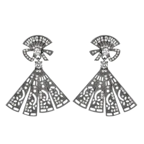 Mode Gun Black Galvanisierte Fächerförmige Quasten Zirkonia Ohrringe Für Damen Elegante Geometrische Inlaid Ohrhänger Schmuck