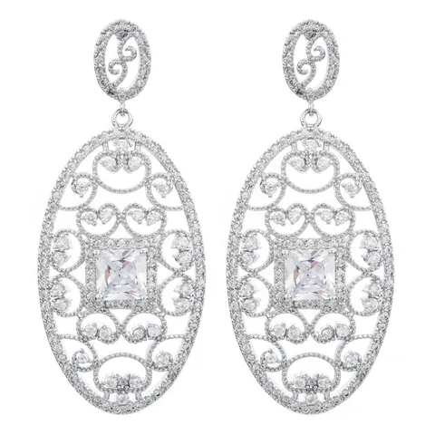 Vintage Kupfer Zirkonia Lange Ovale Tropfenohrringe Luxus Geometrische Hohle Palast Stil Elegante Hochzeit Bankett Ohr Schmuck Für Damen